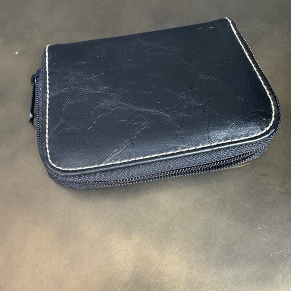 Black Faux Leather Crossbody Bag Gold Accents White Stitching and Wallet Classic - Picture 3 of 9